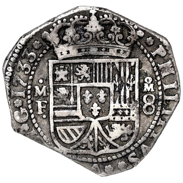 Mexico City, Mexico, klippe 8 reales, 1733 MF, NGC VF 30.