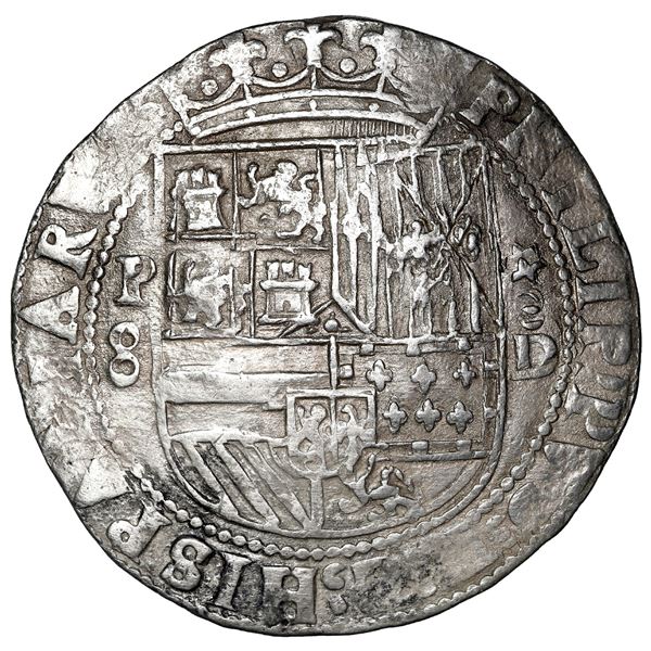 Lima, Peru, cob 8 reales, Philip II, assayer Diego de la Torre, P-8 to left, *-oD to right.