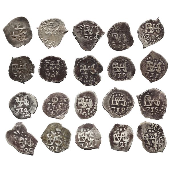 Date-run of twenty choice Lima, Peru, cob 1/2R, Philip V (1st period), dates as follows: 1702, 1703,