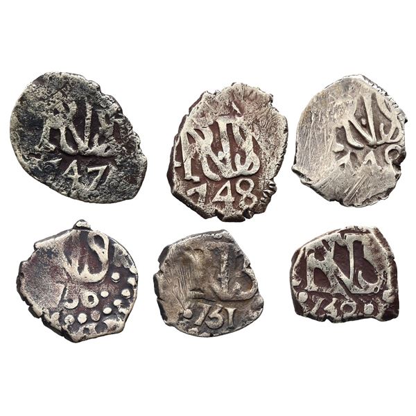 Complete date-run of six Lima, Peru, cob 1/2R, Ferdinand VI, 1747-52.