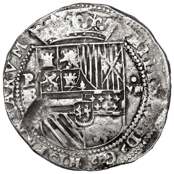 Potosi, Bolivia, cob 8 reales, Philip II, assayer B (1st period, "heavy" lions), rare.