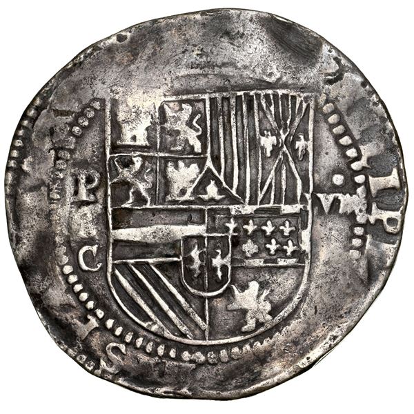 Potosi, Bolivia, cob 8 reales, Philip II, assayer C below erasure, rare, PCGS XF detail / tooled.