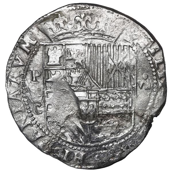 Potosi, Bolivia, cob 8 reales, Philip II, assayer C under erasure, rare.