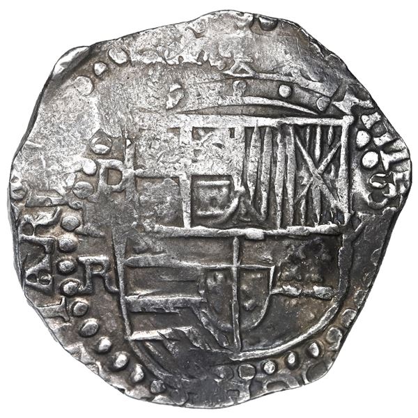 Potosi, Bolivia, cob 8 reales, Philip III, assayer R (curved leg).