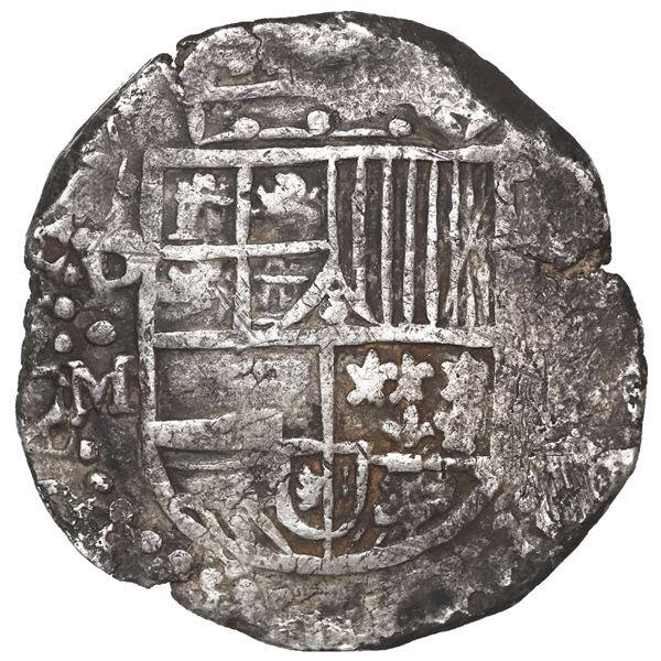 Potosi, Bolivia, cob 8 reales, Philip III, assayer M (pre-dated type), quadrants of cross transposed