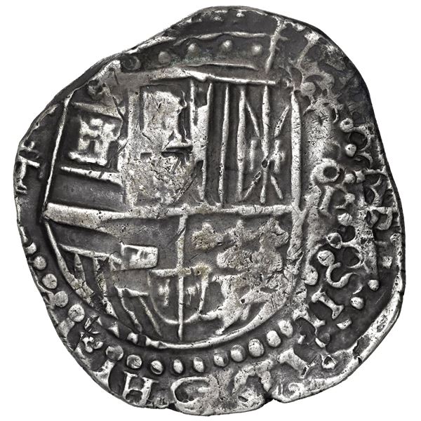 Potosi, Bolivia, cob 8 reales, 1623 T with III for 3 in date, quadrants of cross transposed, very ra