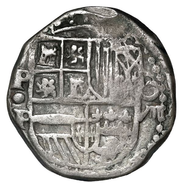 Potosi, Bolivia, cob 8 reales, Philip IV, assayer P (mid-1620s), reverse legend rotated 180 degrees.