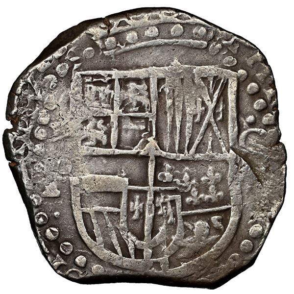 Potosi, Bolivia, cob 8 reales, 1627 T, quadrants of cross transposed, NGC VF 25.