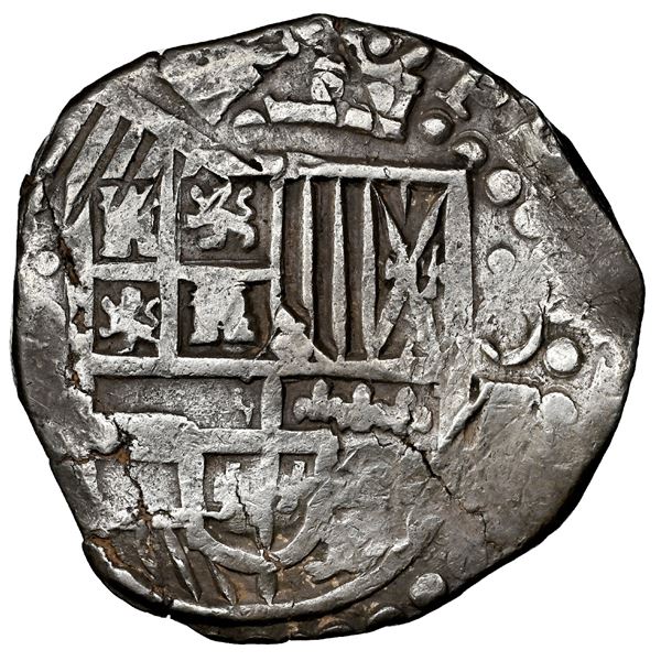 Potosi, Bolivia, cob 8 reales, Philip IV, assayer not visible (P or T, 1628-9), NGC XF 45.