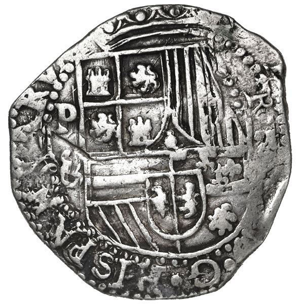 Potosi, Bolivia, cob 4 reales, Philip II, assayer B (3rd period), flipover double-strike.