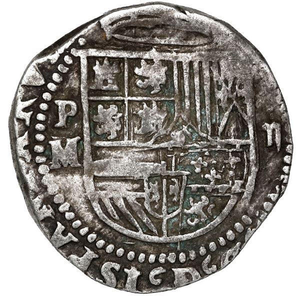 Potosi, Bolivia, cob 2 reales, Philip II, assayer M/R to left, very rare.