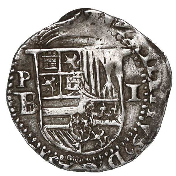 Potosi, Bolivia, cob 1 real, Philip II, assayer B/L/erasure (1st period), no eagles in Naples-Sicily