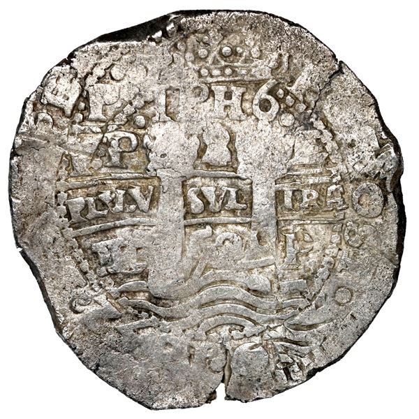 Potosi, Bolivia, cob 8 reales, 1652 E post-transitional (Transitional Type VIII/B), 1-PH-6 at top, e