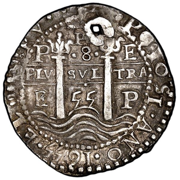 Potosi, Bolivia, cob 8 reales Royal (galano), 1655 E, PH at top, 8 between dots above cross, very ra