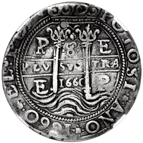 Potosi, Bolivia, cob 8 reales Royal (galano), 1660 E, four-digit date between pillars, very rare, NG