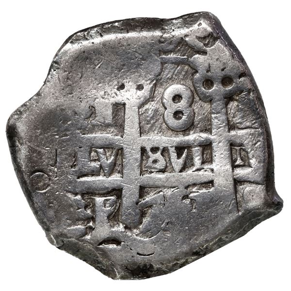 Potosi, Bolivia, cob 8 reales, 1751 q, mintmark and assayer transposed, rare.
