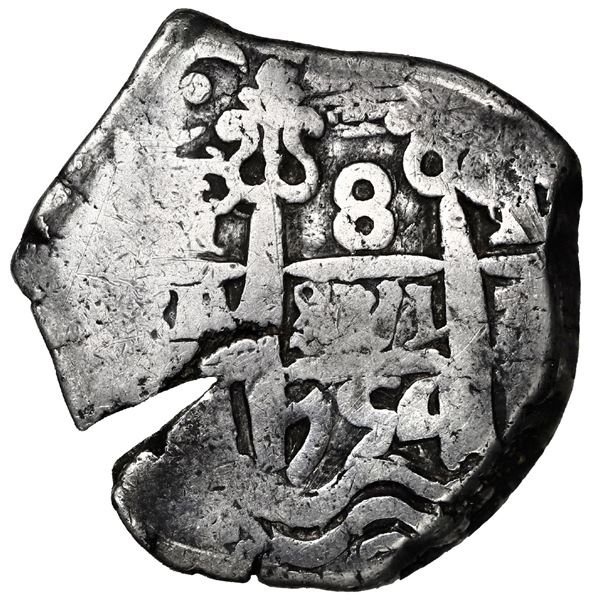 Potosi, Bolivia, cob 8 reales, 1754 q/C, rare, with Guatemala sun-over-mountains countermark (Type I