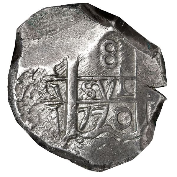 Potosi, Bolivia, cob 8 reales, 1770 (V)-J, NGC AU 58, very rare, finest known in NGC census.