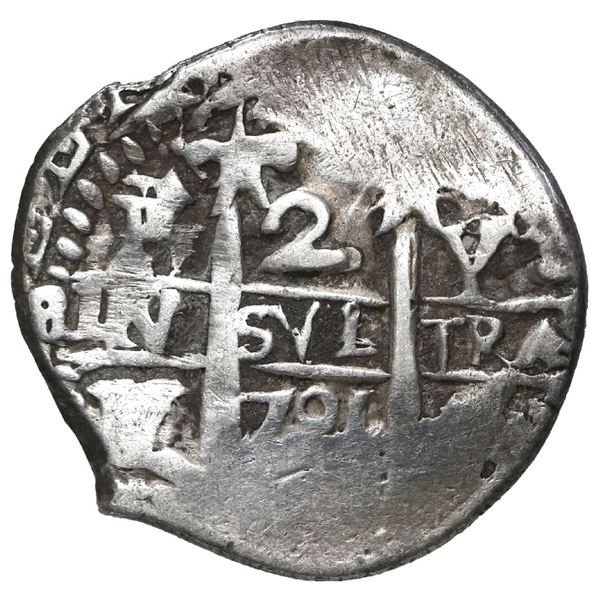 Potosi, Bolivia, cob 2 reales, 1701 Y/F, posthumous Charles II, very rare.