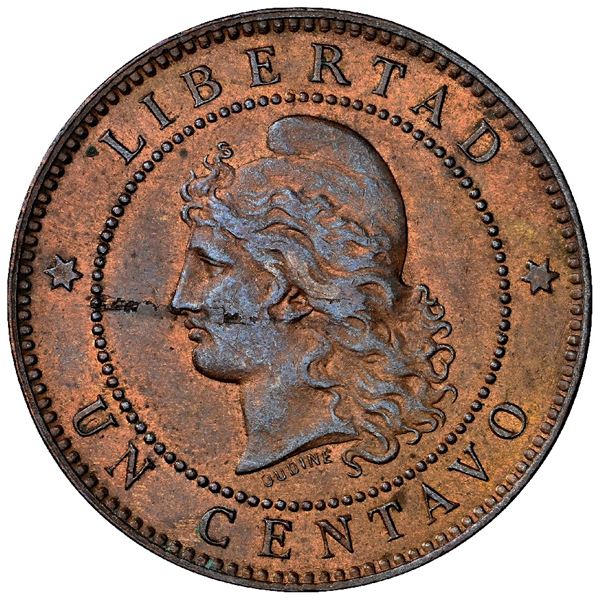 Argentina, copper 1 centavo, 1894, high and separate 4, NGC MS 63 Brown.