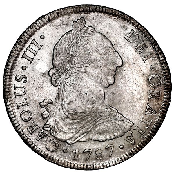 Potosi, Bolivia, bust 8 reales, Charles III, 1787 PR, NGC AU 58 ("top pop").