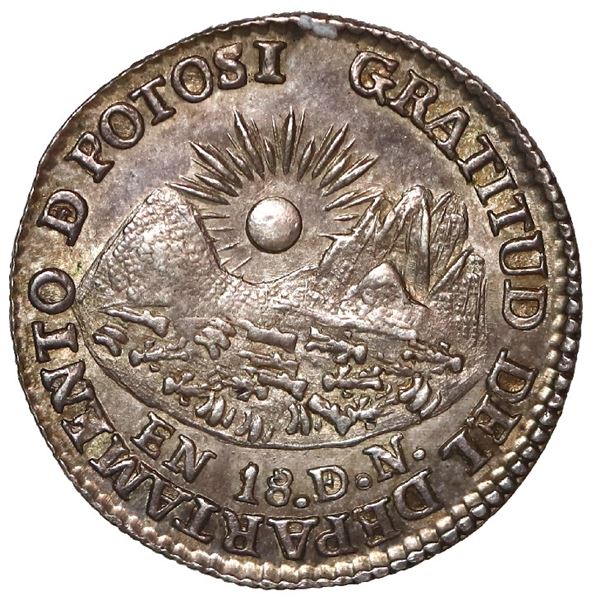 Potosi, Bolivia, 1 sol monetary medal, 1841, National Independence / sun-and-mountains, coin axis.