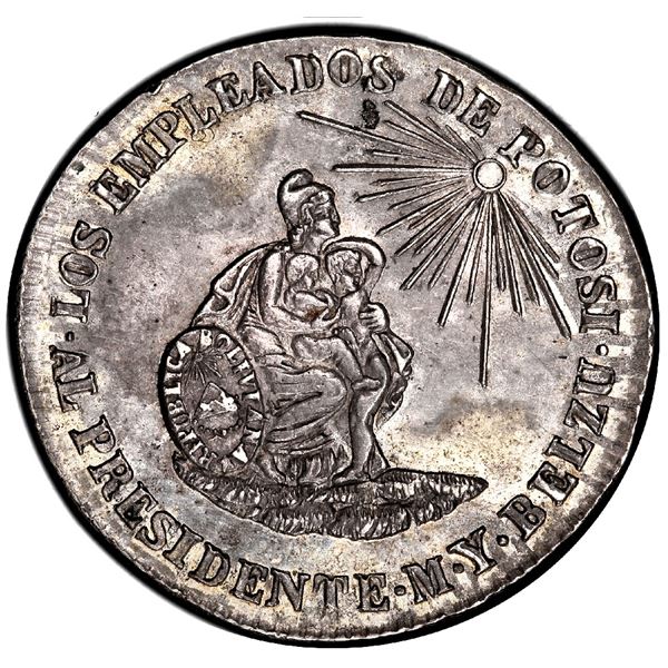 Potosi, Bolivia, 2 soles monetary medal, 1851, Belzu / criminal, PCGS AU55, finest and only example 