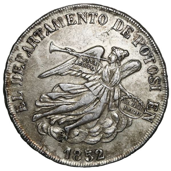 Potosi, Bolivia, 8 soles monetary medal, 1852, Belzu, angel / temple.