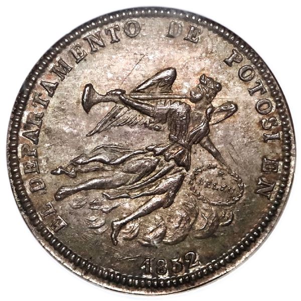 Potosi, Bolivia, 1 sol monetary medal, 1852, Belzu, angel / temple, NGC MS 63.