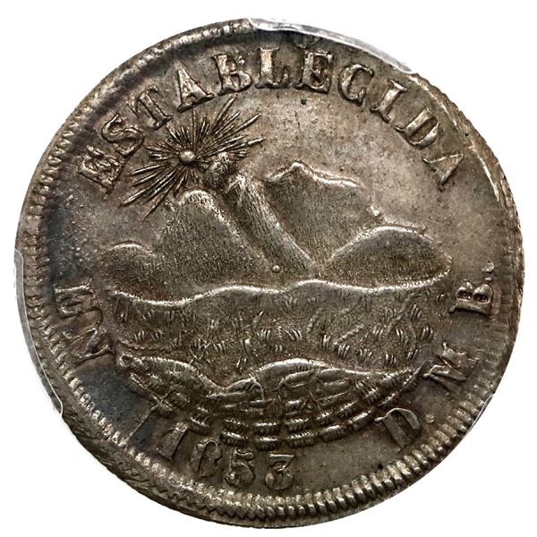 La Paz, Bolivia, 2 soles monetary medal, 1853, Belzu / mint building / mountains, PCGS AU53, finest