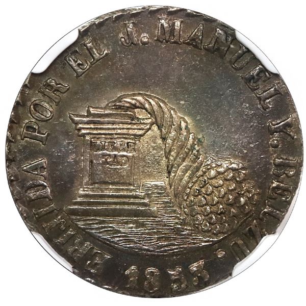 La Paz, Bolivia, 2 soles monetary medal, 1853, Belzu, pedestal and cornucopia / mountains, coin axis