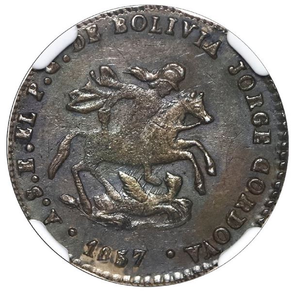 La Paz, Bolivia, 1 sol monetary medal, 1857, Cordova, condor / St. George, NGC MS 62, ex-Cotoca.