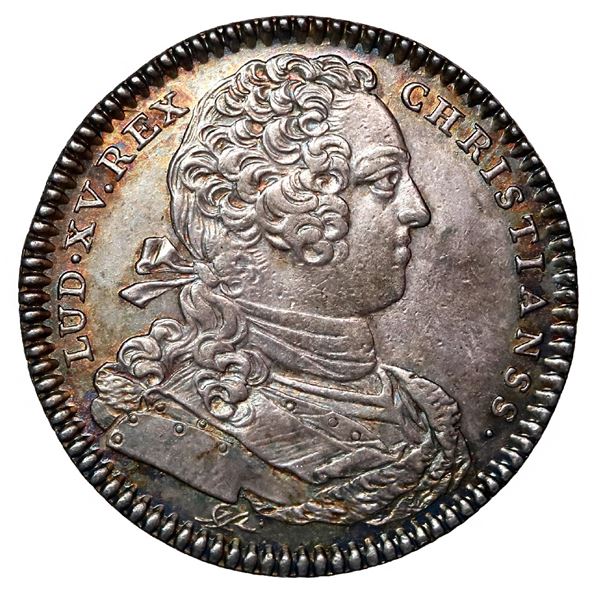 Franco-American (Seven Years War) silver jeton, 1754, Louis XV, beavers, engraver signature JCR belo