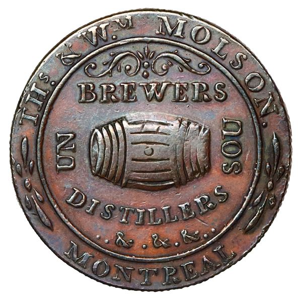 Montreal, Lower Canada, copper 1 sou (half penny) token, Molson, 1837, thin flan, reeded edge, rare,