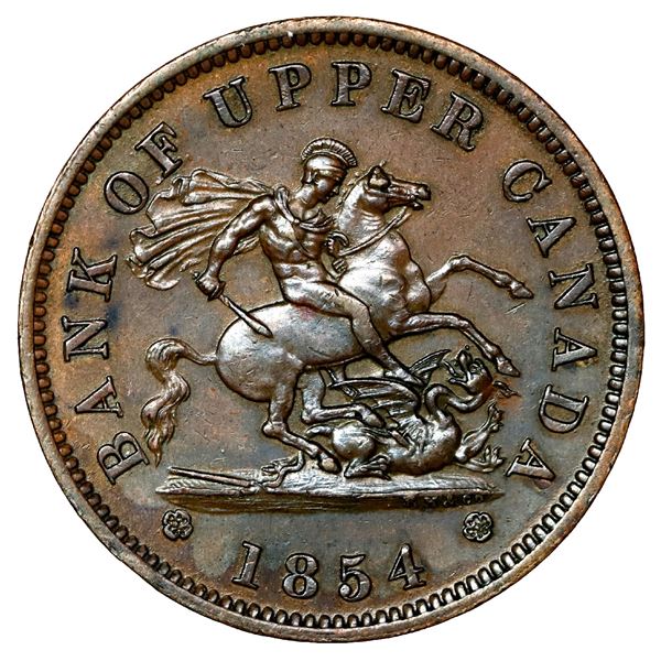 Province of Canada, Bank of Upper Canada (struck in England), copper 1 penny token, 1854, plain 4 va