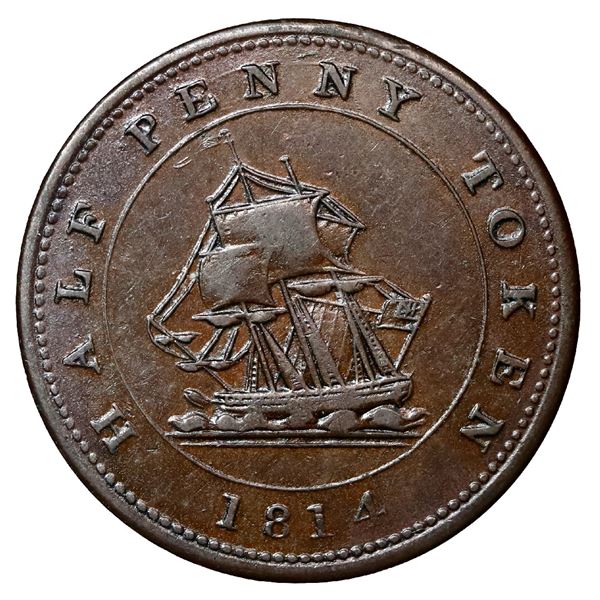 Canada (struck in England), copper half penny "RH" token, 1814, thin flan, engrailed edge, coin axis