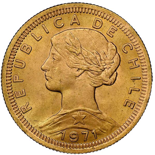 Santiago, Chile, gold 100 pesos (10 condores), 1971, NGC MS 64.