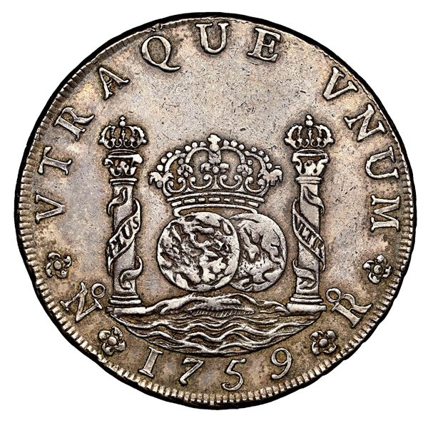 Bogota, Colombia, pillar 8 reales, Ferdinand VI, 1759 JV, very rare, NGC AU 55, Calbeto Plate, ex-Or