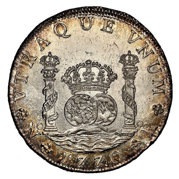 Bogota, Colombia, pillar 8 reales, Charles III, 1770 VJ, very rare, NGC MS 63.