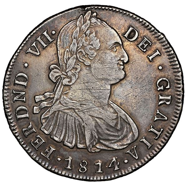 Popayan, Colombia, bust 8 reales, Ferdinand VII (bust of Charles IV), 1814/3 JF, NGC XF details / ob