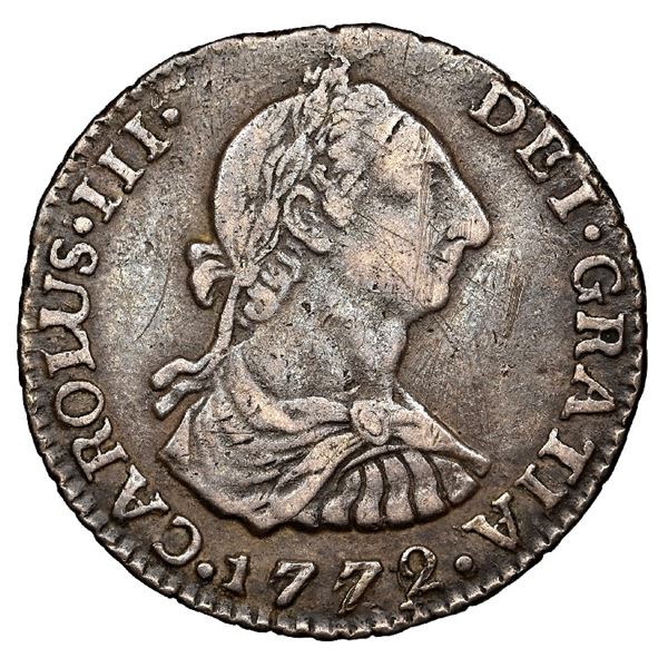 Bogota, Colombia, bust 1 real, Charles III, 1772 V.J, NGC VF 35, finest known in NGC census.