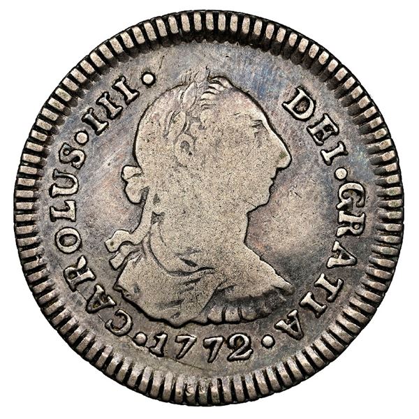 Popayan, Colombia, bust 1 real, Charles III, 1772 J.S, NGC VF 20, finest known in NGC census.