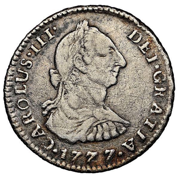 Bogota, Colombia, bust 1 real, Charles III, 1777 J.J, NGC VF details / environmental damage.