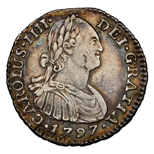 Bogota, Colombia, bust 1 real, Charles IV, 1797 J.J, NGC XF details / obv damage, finest and only ex