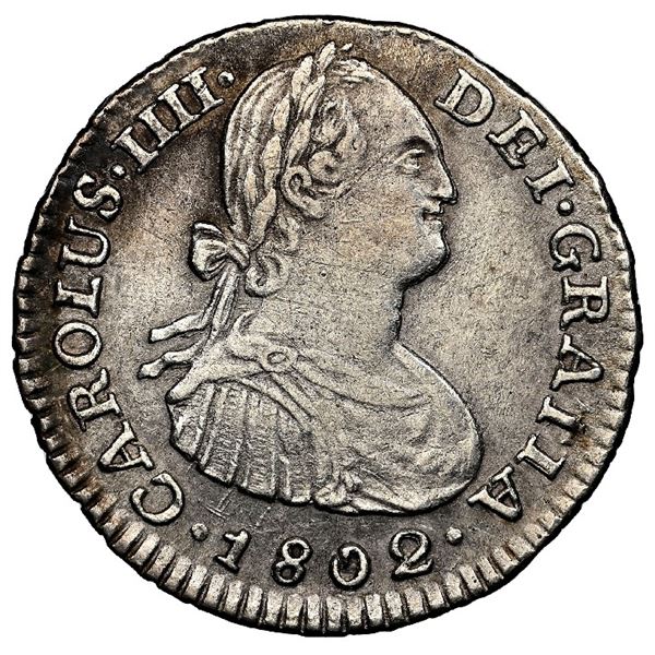 Bogota, Colombia, bust 1 real, Charles IV, 1802 J.J, NGC AU 53, finest known in NGC census, ex-Eldor