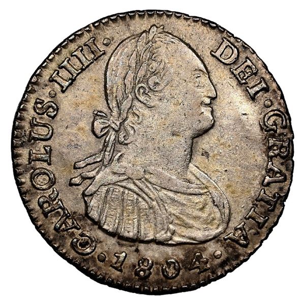 Bogota, Colombia, bust 1 real, Charles IV, 1804 J.J, NGC AU 55, finest known in NGC census.