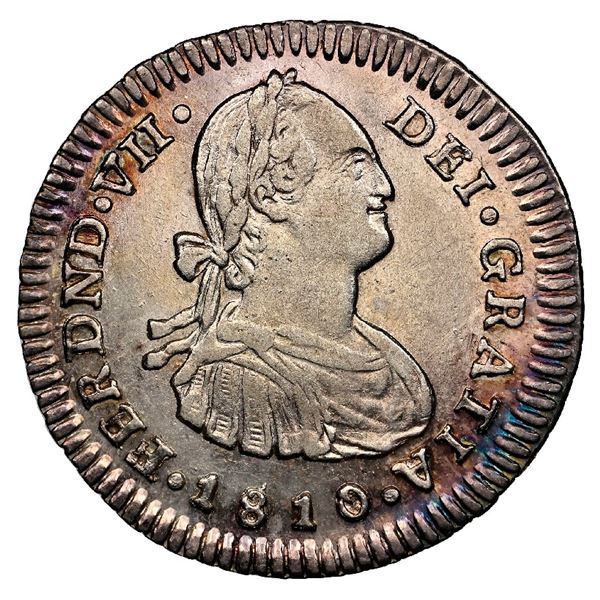 Popayan, Colombia, bust 1 real, Ferdinand VII (bust of Charles IV), 1810 J.F, NGC AU 55 ("top pop").