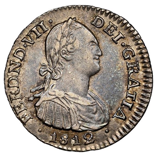 Bogota, Colombia, bust 1 real, Ferdinand VII (bust of Charles IV), 1812 J.F, NGC AU 50, ex-Eldorado.