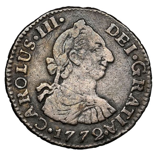 Bogota, Colombia, bust 1/2 real, Charles III, 1772 V.J, NGC VF details / tooled.