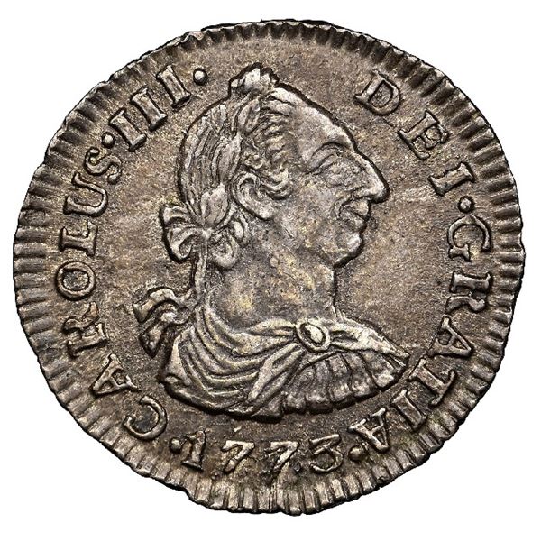 Bogota, Colombia, bust 1/2 real, Charles III, 1773 VJ, NGC AU 58, finest known in NGC census, ex-Ray